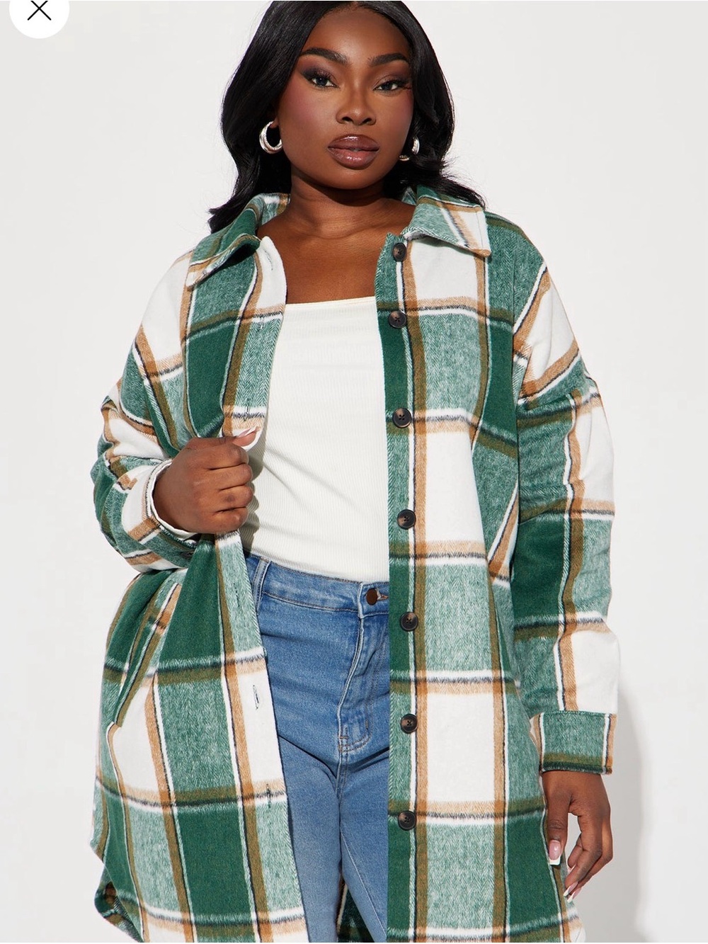 Fashion Nova Green and White Plaid Utility Shacket